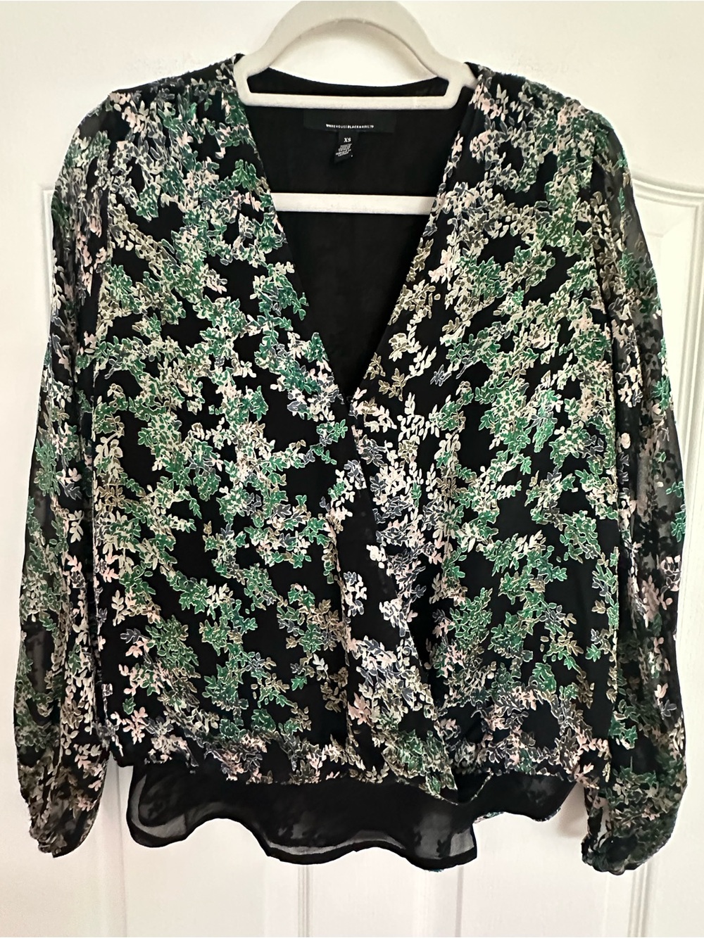 White House Black Market Black Floral V-Neck Blouse with Green and White Accents